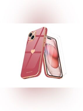 iPhone 15 Case with Screen Protector 2 Pack Pink Heart Protective Stylish Cover